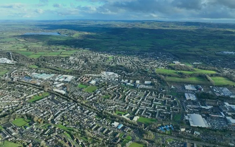 Aerial view over Cwmbran towards the countryside beyond