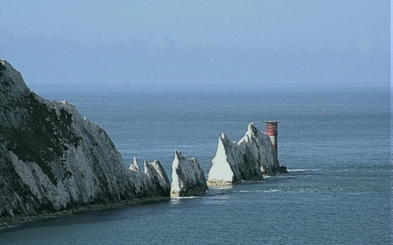 The Needles chalk stacks and lighthouse off the Isle of Wight