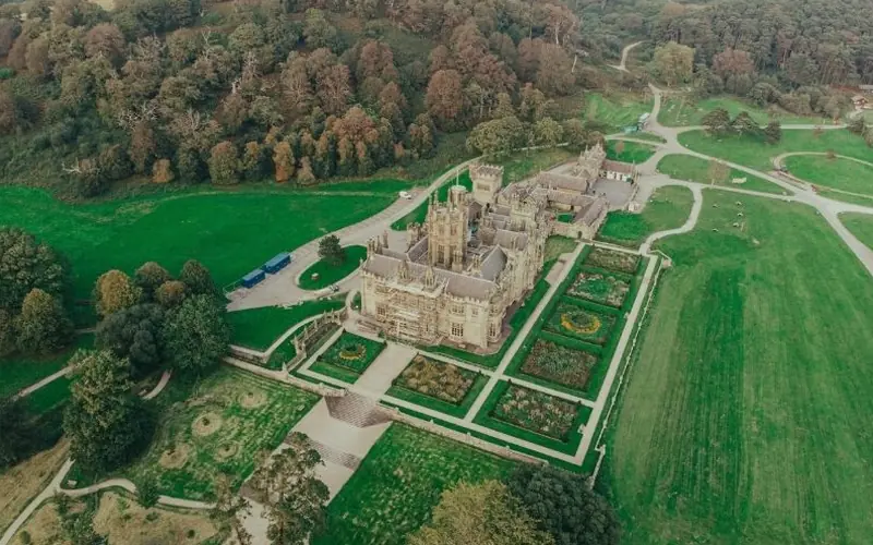 Aerial view of Margam Castle and its formal gardens