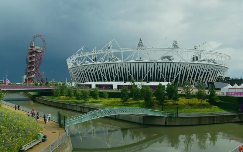 The London Stadium and the Orbit tower at the Olympic Park in Newham