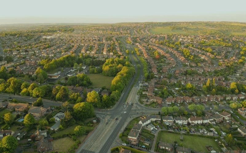 Aerial view of leafy residential streets and greenery in Rotherham