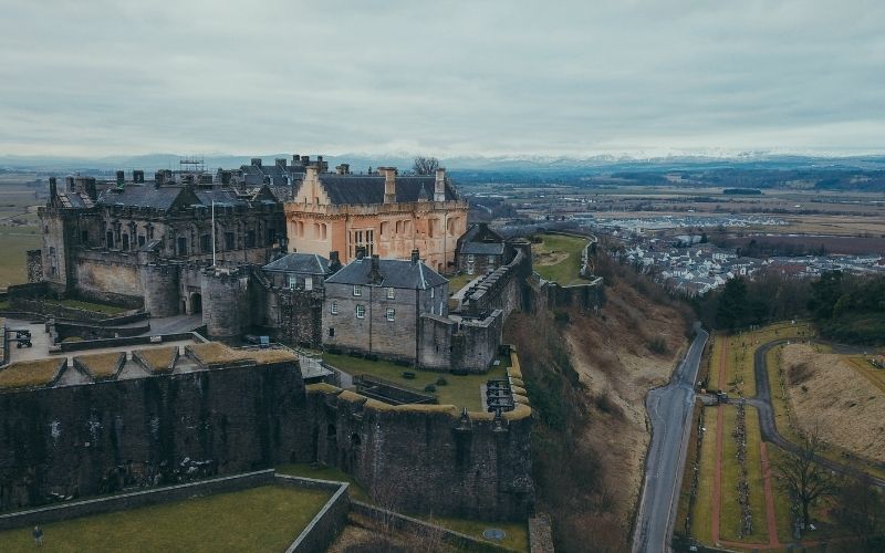 Aerial view of Stirling Castle with the Ochil Hills beyond