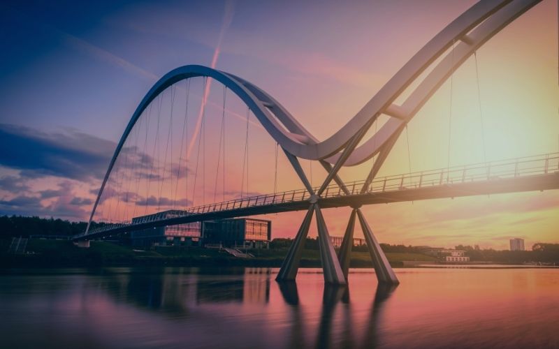 The Infinity Bridge spanning the River Tees at Stockton at dusk