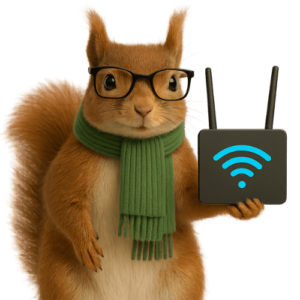 Super Saving Squirrel holding broadband router
